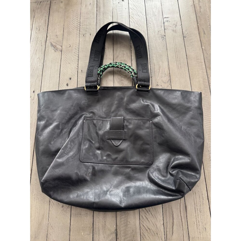 Black Leather Tote Bag with Braided Green Handle Clare V - Picture 2 of 9